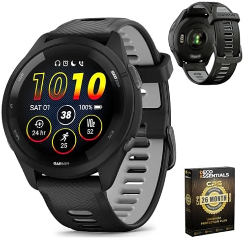 Garmin 010-02810-00 Forerunner 265 GPS Smartwatch Black/Powder Gray Bundle with Deco Essentials Exclusive CPS 26 Month Protection Pack