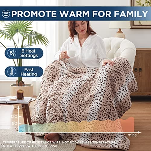 Westinghouse Heated Throw Blanket, Leopard Electric Throw Blanket, Luxury Faux Fur to Flannel Reversible, 6 Heating Levels & 2-10 Hours Time Setting, Machine Washable(Throw, 50"x60") 7