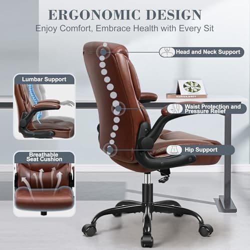 FelixKing Leather Office Chair, Small PU Ergonomic Desk Chairs, Comfy Computer Chair with Wheels and Flip-up Armrests, Adjustable Height Mid Back Executive Office Chairs for Short People - Brown 6