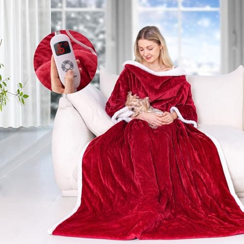 Yokimisu Wearable Heated Blanket with Sleeves, Electric Heated Robe with Foot Pockets, Electric Snuggie for Women, 6 Heating Levels & 1-4 Hours Timer, 50"x70" (Red)