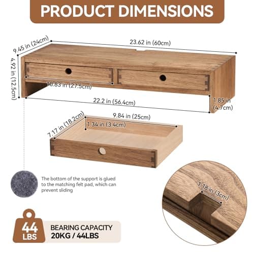 KIRIGEN Wood Monitor Stand with 2 Drawers - Computer Arm Riser Desk Storage Organizer,Speaker TV Laptop Printer Stand with Pen Slot and Cable Management,Dark Brown Desktop Shelf for Office DBR-2PMJ 6
