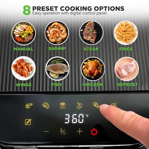 Nutrichef 5.8 Quart Air Fryer | 8-1 Preset Cook Modes | Transparent Fry Bowl for Best Cooking Results | Cook Shrimp, Steak, Fries, Wings, Chicken & More | Precise Temperature Control & Time | White 5
