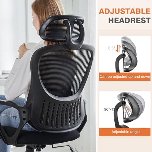 Sweetcrispy Office Computer Desk Chair, Ergonomic High-Back Mesh Rolling Work Chairs with Wheels and Adjustable Headrests, Comfortable Lumbar Support, Comfy Armrest for Home, Bedroom, Study,Black 6