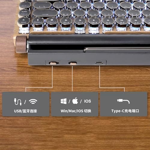GUAZI STORE 83-Key Mechanical Keyboard - Retro Typewriter Wireless Bluetooth Gaming Keyboard, Anti-Ghosting Blue Switch (Wood) 6