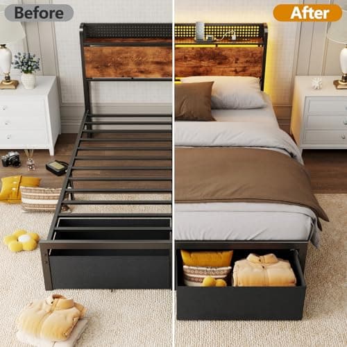 Furnulem Queen Size Bed Frame with Headboard Storage, Platform Bed Frame Queen Size with 2 Drawers, Charging Station and LED Lights, No Box Spring Needed, Noise Free, Easy Assembly (1000 lbs Capacity) 9