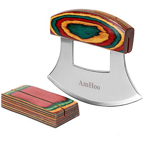 Amhoo Pizza Cutter Chef Mezzaluna Ulu Knife Handle Color Wood Grip Sharp Rocker Slicer Stainless Steel Blade Salad Onion Vegetable Chopper with Holder Base Christmas Gifts