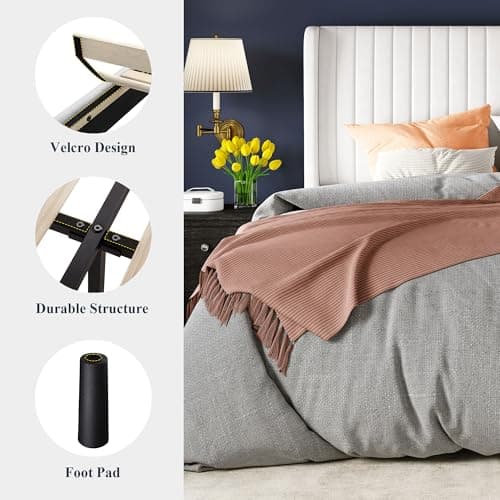 Allewie Queen Size Velvet Bed Frame/Vertical Channel Tufted Wingback Headboard/Upholstered Platform Bed/Strong Wooden Slats/No Box Spring Needed/Easy Assembly/White 7