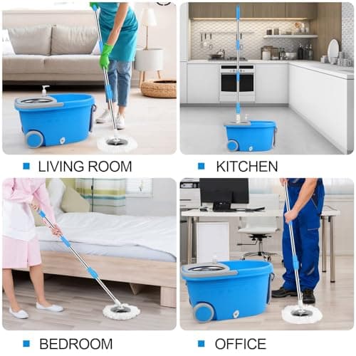 Spin Mop and Bucket with Wringer Set, 3 Washable Microfiber Pads Included for Floor Cleaning, Adjustable Stainless Steel Handle, Easy Moving with Wheels, Blue 9