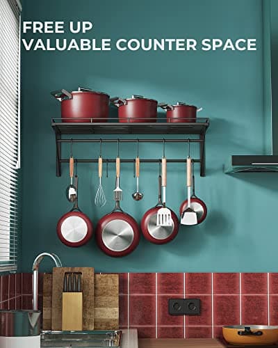 OROPY 23 Inch Wall Mounted Pot Rack Storage Shelf with 2 Tier Hanging Rails 12 S Hooks included, Ideal for Pans, Utensils, Cookware, Plant Black 6