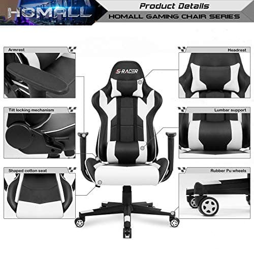 Homall Gaming Chair, Office Chair High Back Computer Chair Leather Desk Chair Racing Executive Ergonomic Adjustable Swivel Task Chair with Headrest and Lumbar Support (White) 9