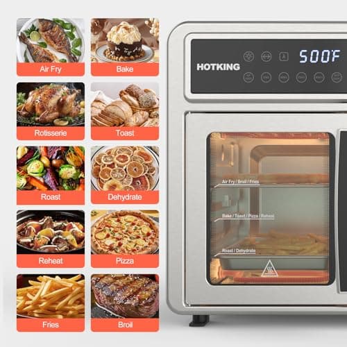 HotKing Dual-Zone Air Fryer Toaster Oven Combo, 28 QT Extra Large, Non Toxic Stainless Steel Convection Oven with French Door, Countertop Airfryer with Window, Racks, Rotisserie, Dehydrator, ETL Rated 8