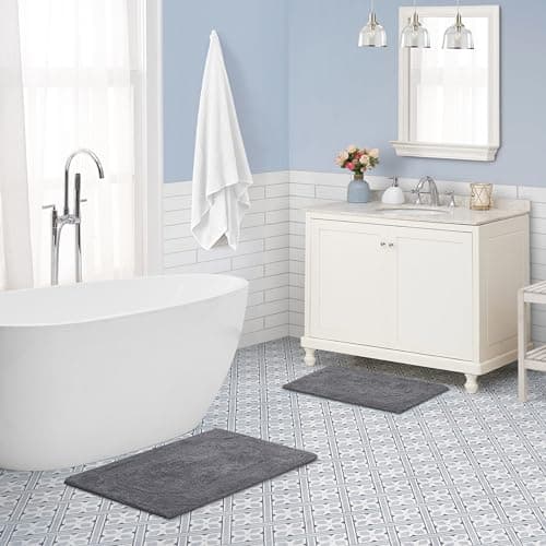 Laura Ashley - Reversible Cotton Bath Mat, Premium Bathroom Décor, Machine Washable Bathroom Rug, Highly Absorbent, 17"x24"/20"x32" 2-Piece Set, Charcoal 7