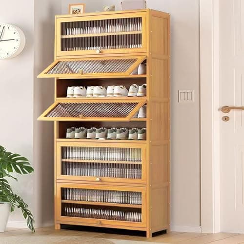 WMIASIN Tall Shoe Rack, 10 Tiers Bamboo Shoe Cabinet with Flip Doors, 40-45 Pairs Large Capacity Shoe Storage Cabinet Organizer, Narrow Shoe Shelf for Entryway, Closets,Brown, 028-US