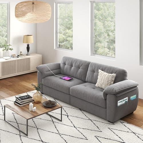 CHYMSUN 87"" Modern Sofa, Comfy Sofa Couch w/Extra Deep Seats, 2/3 Seater Couches w/USB Charging Ports & Side Pockets, Sleeper Sofas for Living Room, Apartment, Office (Grey Chenille), BAESF329DG 8