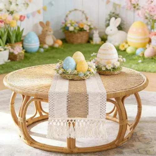 yuboo Boho Coffee Table Runner 48 Inch, Spring Farmhouse Burlap Dresser Runner Scarf, Rustic Macrame Runner for Round Table, TV Stand, Entryway Console, Neutral Easter Decor