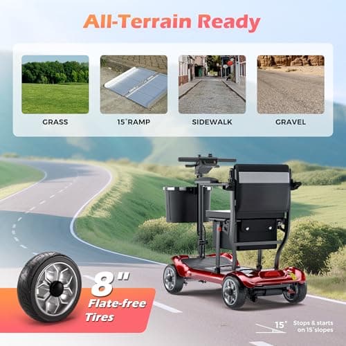Lightweight Mobility Scooter for Seniors & Adults - Cruise & Airport Approved, 43lb Foldable Portable Motorized Scooters with Removable Lithium Battery for 12.4 Miles Travel, 300lb Capacity, Red 8