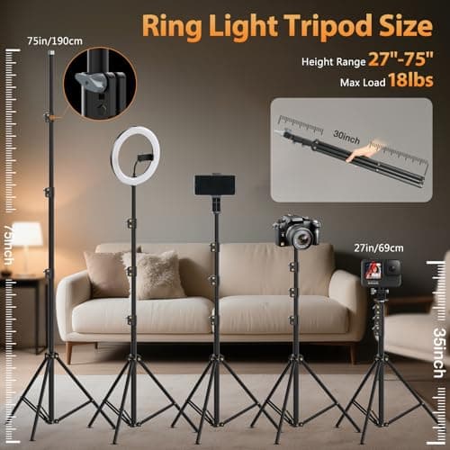 22'' Ring Light with 75'' Tripod Stand, LED Display/2 USB Ports/6500K Dimmable Ring Light for ipad Phone Holder for Tattoo Lash Live Makeup Video Recording TikTok Barber Stylist Photography 5