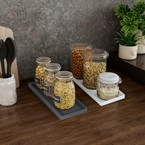 Wikapy 2PCS Bathroom Vanity Tray, 10'' Silicone Counter Tray, Flexible Shatterproof Kitchen Sink for Soap Dispenser, Rectangle Countertop Valet for Key, Perfume, Ring (Grey & White) 5