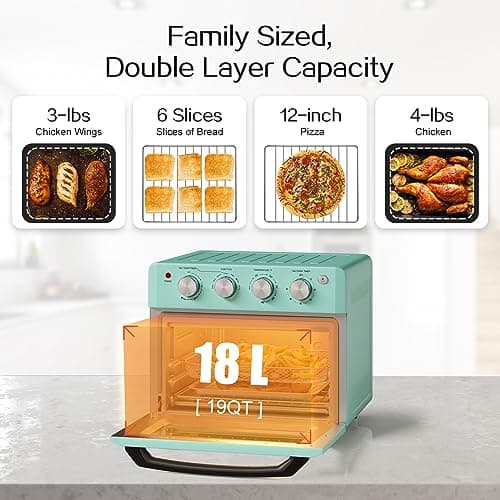 SIMOE 19QT Oven & Toaster, Retro Air Fryer + Convection Toaster Oven, 7 in 1 Combo with Bake, Toast, Broil & Warm Options, 5 Accessories & Recipe Book, Stainless Steel, 1550W, (Turquoise) 5