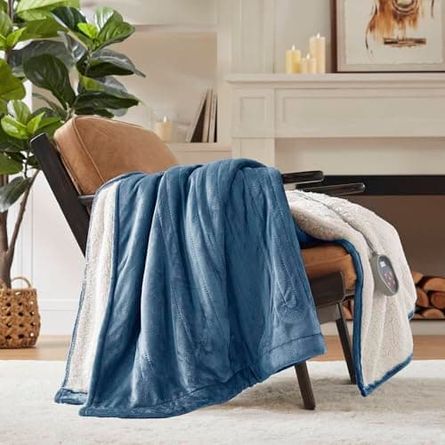 Woolrich Heated Plush to Berber Electric Blanket Throw Ultra Soft Knitted, Super Warm and Snuggly Cozy with Auto Shut Off and Multi Heat Level Setting Controllers, Full: 80x84, Sapphire 10
