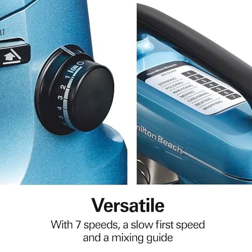 Hamilton Beach Electric Stand Mixer, 4 Quarts, Dough Hook, Flat Beater Attachments, Splash Guard, 7 Speeds with Whisk, Easy-Carry Top Handle, Blue 5