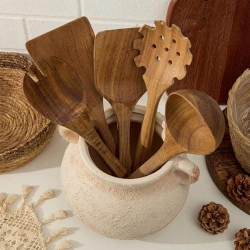 Qinyoung Rustic Kitchen Utensil Holder 6 Inch Small Ceramic Utensil Holder with Handle Vintage Crock Decoration Spatula Organizer for Kitchen Countertop Farmhouse Party Supplies(White,Elegant) 6