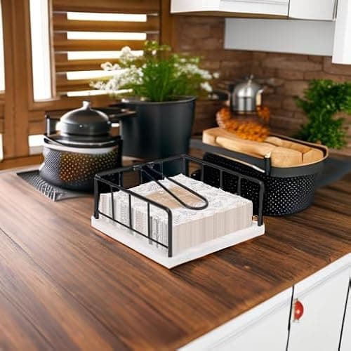 Livabber Flat Napkin Holder, Metal Kitchen Napkin Storage with Weighted Tension Arm Rustic Tissue Paper Dispenser for Countertop, Table Kitchen, Dining Room (With Marble Base, Black) 5
