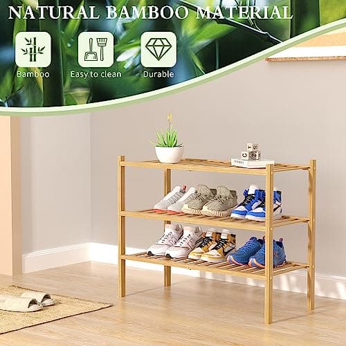 ROMGUAR CRAFT 3 Tier Bamboo Shoe Rack for Closet Free Standing Wood Shoe Shelf Storage Organizer for Entryway Small Space Stackable 27"x11"x20" (Natural) 6