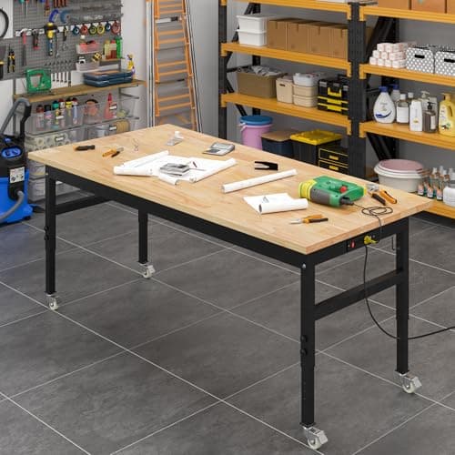 60" Adjustable Work Bench, Rubber Wood Top Workbench Heavy-Duty Work Table with Power Outlet and Wheels, 2000 LBS Load Capacity Hardwood Work Benches for Garage, Workshop, Home, Office, Easy Assembly 6