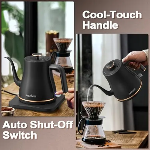 Stariver Gooseneck Electric Kettle, 0.8L Electric Tea Kettle Tea Pot, Pour Over Coffee Kettle with Stainless Steel Inner Lid & Bottom, Water Boiler with Auto Shut Off and Boil Dry Protection, Black 6