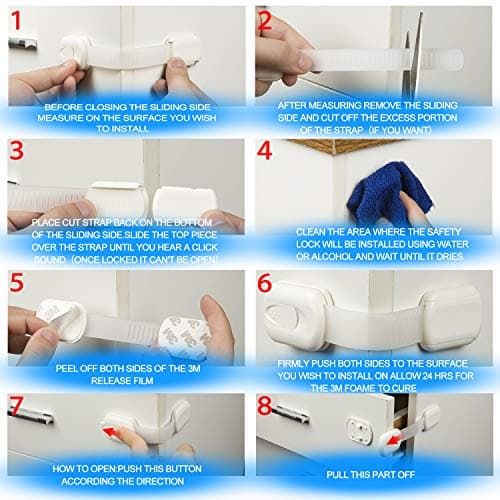 Goodv Child Safety Cabinet Locks - (10 Pack) Baby Proofing Latches to Drawer Door Fridge Oven Toilet Seat Kitchen Cupboard Appliance Trash Can with 3M Adhesive - Adjustable Strap No Drill No Tool 8