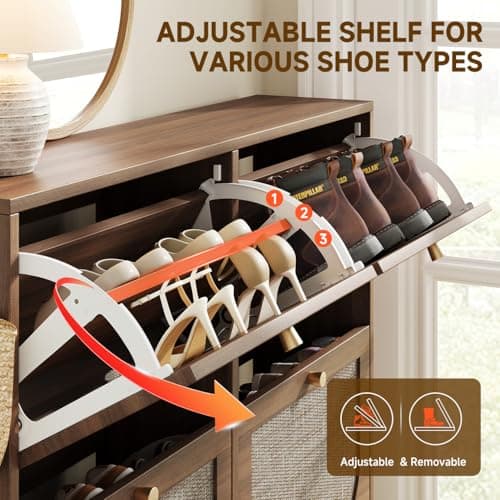 Nicetree Freestanding Ultra Slim Arched Rattan Accent Shoe Storage Cabinet for Entryway - 4 Flip Drawers & 3-Tier Adjustable Shelves, Farmhouse Modern Rustic Shoe Rack for Hallway, Foyer Oak 6