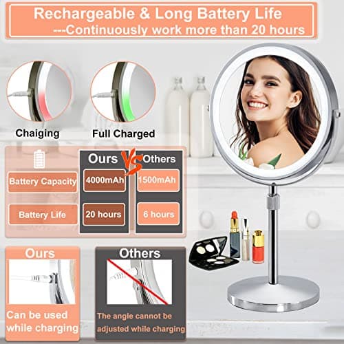 AIKELIN 8" Makeup Mirror with Lights,10X Magnifying Vanity Mirror with 3 Color LED Lights,4000mAH Adjustable Height Tabletop Cosmetic Mirror with Rechargeable Double Sided Lighted Mirror,Chrome 2