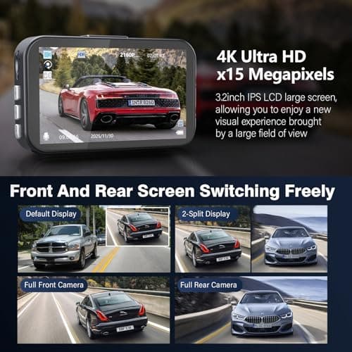 Miden S9 4K+2.5K Dash Cam Front and Rear,64G SD Card,2160P+1600P UHD Dual Dash Camera for Cars,176°+160°Wide Angle,3.5'' IPS Screen Dashcam,Loop Recording,G-Sensor,WDR,Night Vision,24H Parking Monitor 7