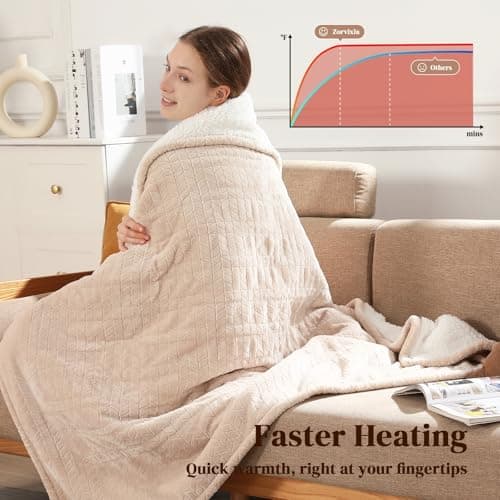 Electric Blanket Queen 84"x90" Heated Blanket Queen Size Dual Control Wheat Pattern Ultra-Soft Flannel & Thick Sherpa with 5 Heat Settings & 10H Auto Off, FCC/ETL Certified, Machine Washable, Beige 4