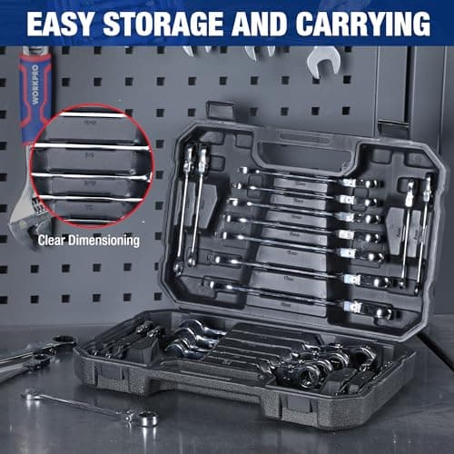 WORKPRO 22-Piece Ratcheting Wrench Set, Flex-Head Ratchet Combination Wrench Sets with Organizer Box, 72 Teeth, Metric 6-18mm & SAE 1/4-3/4" 5