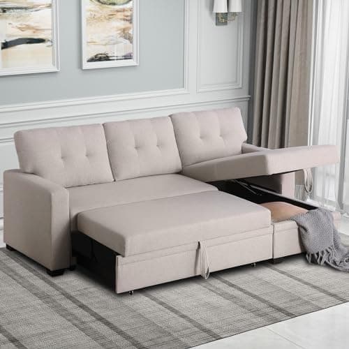 Rovibek 4-in-1 Convertible L Shaped Couch with Pull Out Bed and Storage, Sectional Sleeper Sofa with Reversible Chaise for Living Room, Apartment, Bedroom, Office