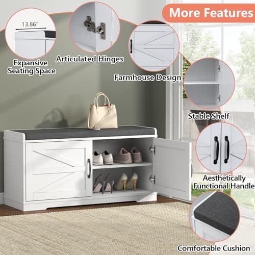 Loomie Shoe Storage Bench, 2-Tier Farmhouse Entryway Bench with Padded Seat Cushion, 13.78" D x 39.37" W x 19.69" H, Slim Shoe Cabinet Bench for Entryway, Living Room, Bedroom (White) 6
