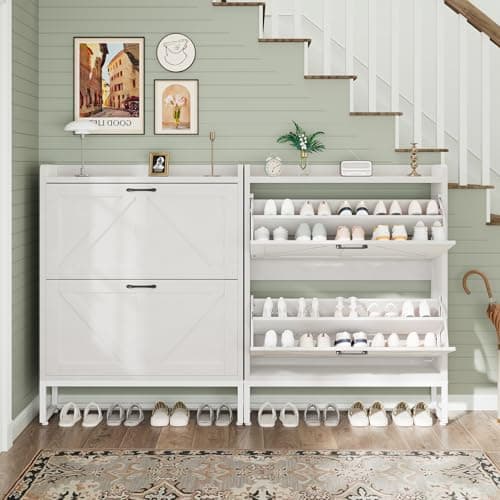 GRUSIGN Shoe Cabinet, Shoe Storage Cabinet with 2 Flip Drawers & Adjustable Shelf, Space-Saving Shoe Organizer – Holds 16+ Pairs, Narrow Shoe Cabinet Storage for Entryway/Hallway（Ivory ） 6