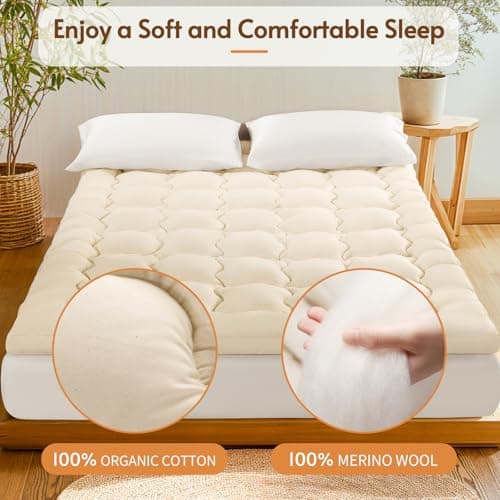 Luxury 100% Organic Wool Mattress Topper Made from Australian Merino,1500GSM Breathable Pillow Top Mattress Pad Queen Size with 100% Organic Cotton Cover - 60"x80" 8
