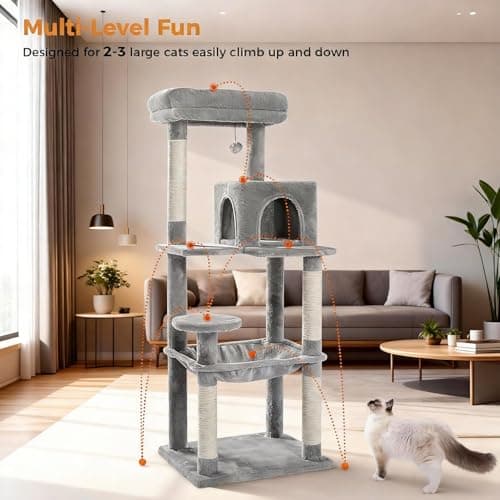 MUTTROS Cat Tree for Large Cats Adult with Metal Plush Big Hammock, 56.3" Cat Tower with 2 Door Condo House, 6-Tier Cat Shelves with Scratching Posts and Large Top Perch, Gray 5