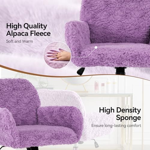 Warmiehomy Furry Cute Office Chair- Modern Swivel Desk Chair with Wheels- Makeup Vanity Chairs with Back - Alpaca Fleece Upholstered Rolling Chairs for Vanity Makeup Room Girls Women Violet 4