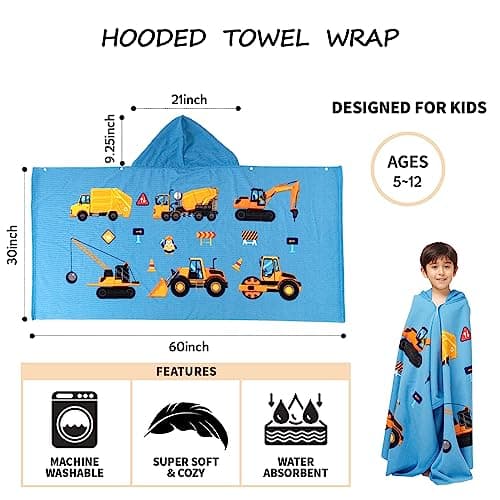 Gealaek Hooded Towel for Toddlers 5-12 Years Boys Girls Kids Bath Pool Beach Towel Wrap Extra Large Soft Absorbent Beach Poncho(Construction site XL) 5