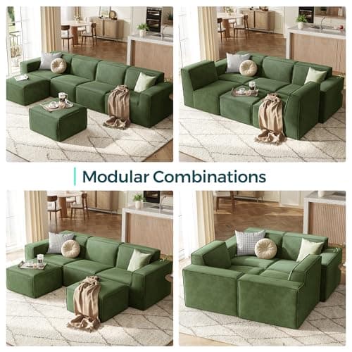 LINSY HOME Modular Sectional Sofa, 105" Boneless Couch U Shaped 3-Seat Sofa with 2 Ottomans, Corduroy Sectional Cloud Couches for Living Room, No Assembly Required, Green 7