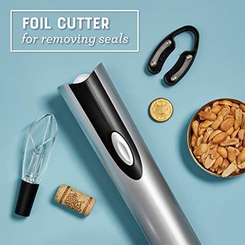 Oster Electric Wine Opener, Foil Cutter, Wine Pourer and Vacuum Wine Stoppers with CorkScrew and Charging Base, Black 5