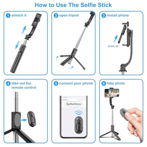 SelfieShow Selfie Stick, Extendable Selfie Stick Tripod with Wireless Remote and Tripod Stand, Portable, Lightweight, Compatible with iPhone 15 14 13 12 Pro Xs Max X 8Plus, Samsung Smartphone and More 6