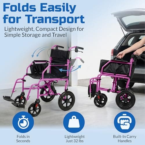 Platinum Health Hummingbird™ Ultra-Lightweight Foldable Transport Wheelchair, Handbrakes,12-Inch Rear Wheels, Extra-Wide Seat. Convenient Table-Length Padded Armrests. (Sunrise Pink) 7