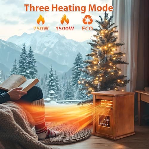 Electric Infrared Space Heaters for Indoor Room Use, LifePlus 1500W Box Space Heater with Wood Frame, Remote Control and Timer, Multiple Security Protections, Nice for Living Room Home Office 2
