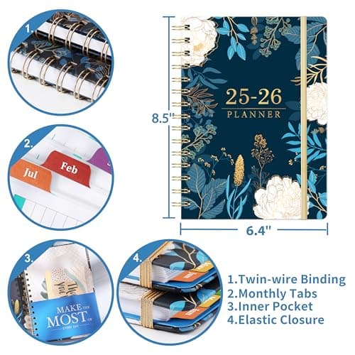 Planner 2025-2026 - Academic Planner 2025-2026, July 2025 - June 2026, Weekly & Monthly Planners, 6.4" x 8.5", Colorful Tabs, Back Pocket, Holidays, Thick Paper, Twin-Wire Binding 6