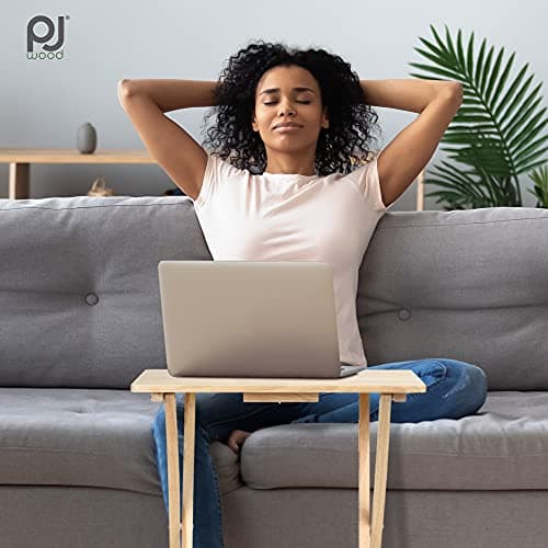 PJ Wood Rectangle Folding Portable TV Snack Serving Tray Table, Solid Wood Construction with Natural Finish, Natural, 2 Piece Set 7